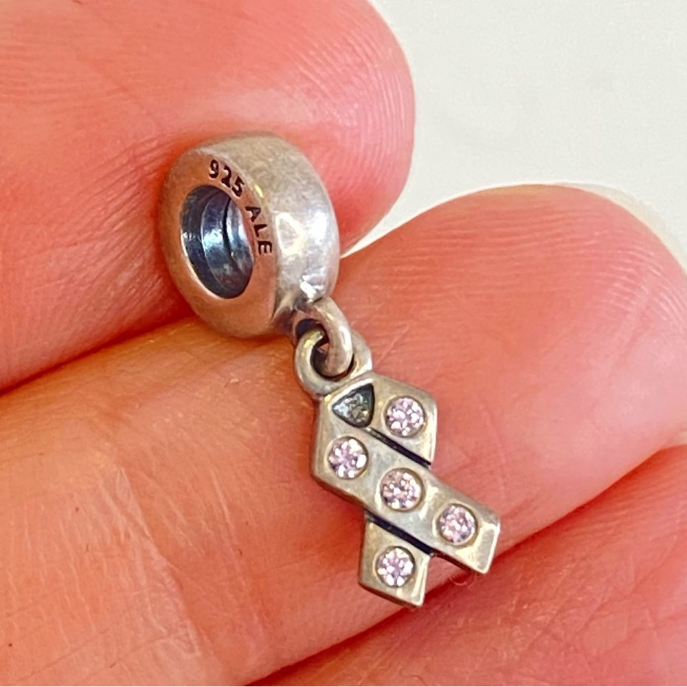 Sterling Silver Vintage Pandora Pink Ribbon Dangle Charm‎ ALE 925 Retired